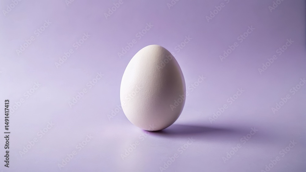 A single, pristine white egg rests on a soft lavender background, a minimalist study in form and texture. A single, pristine white egg rests on a soft lavender background, a minimalist study in form and texture.
