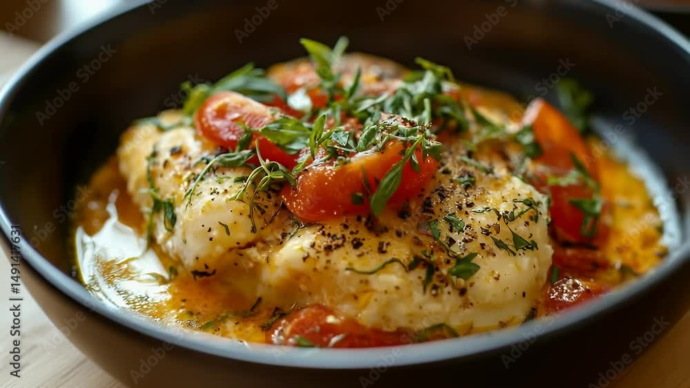 Chef Prepares a Cod Fish Dish with Herbs and Tomato in a Black Bowl with Natural Lighting Chef Prepares a Cod Fish Dish with Herbs and Tomato in a Black Bowl with Natural Lighting