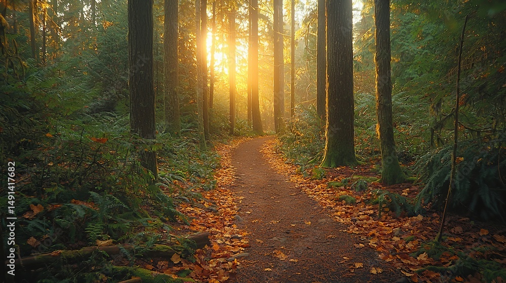 Obraz premium Serene Forest Pathway at Sunrise with Golden Light and Autumn Leaves