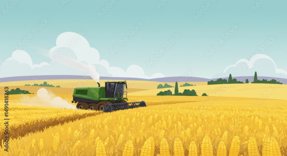 Fototapeta premium Modern agricultural scene featuring a green tractor harvesting a golden wheat field under a clear sky