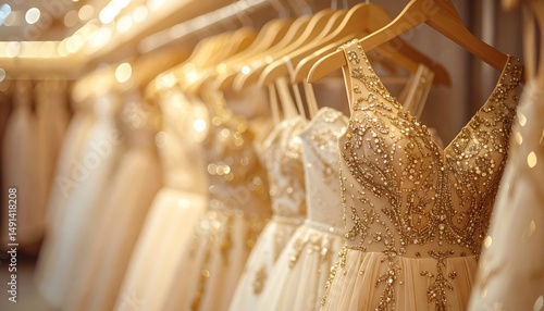 A row of elegant, embellished wedding dresses hanging in a boutique symbolizing luxury, bridal fashion and special life events