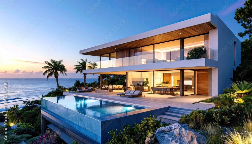Fototapeta premium Oceanfront Villa Escape Modern Architecture with Infinity Pool at Sunset.