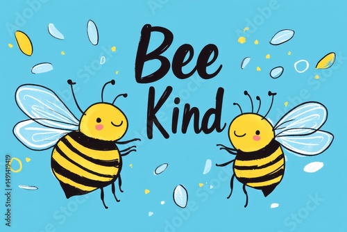 Two cartoon bees with the words bee kind on a light blue background