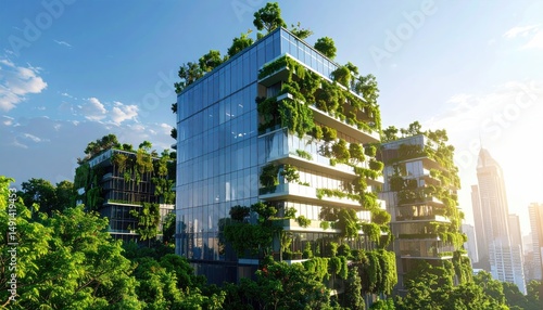 EcoUrban Oasis Green Building Blends Nature with Modern Cityscape.