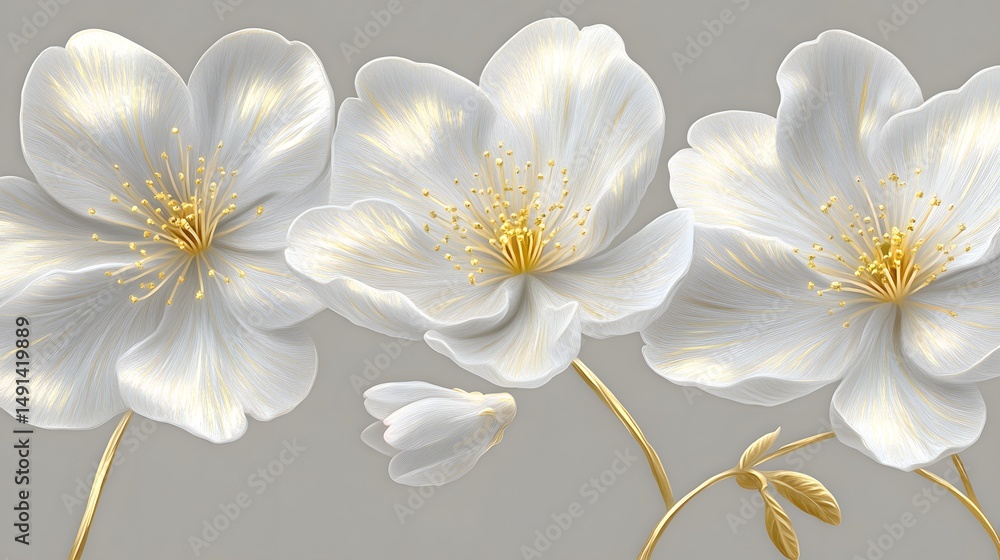 Obraz premium Elegant White Gold Flowers Botanical Art