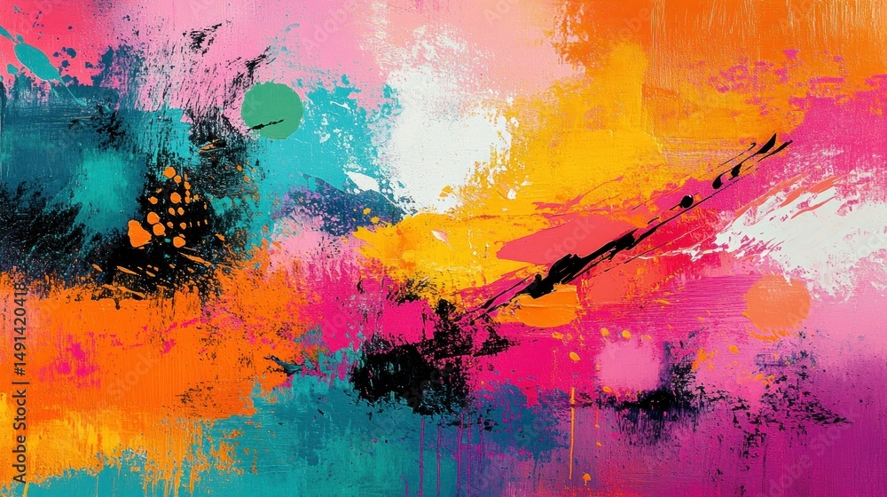 Fototapeta premium Vibrant abstract painting with bold splashes of orange, pink, teal, yellow, and black in dynamic and energetic brush strokes conveying creativity