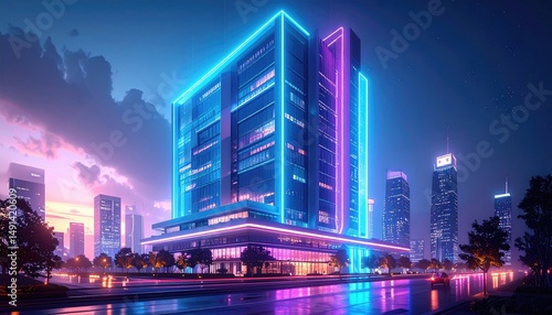 Neon Cityscape Futuristic Building Glows in Electric Night.