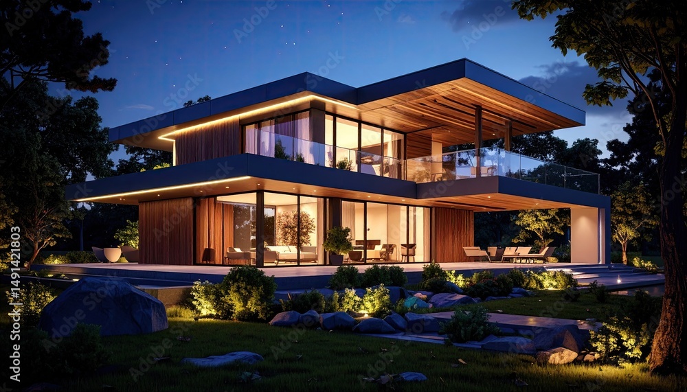 Fototapeta premium Modern Luxury Home Glows at Twilight with Outdoor Living Beckons.