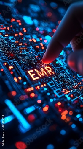 Finger touches glowing EMR inscription on a circuit board.  Red and blue lights illuminate the intricate technological design