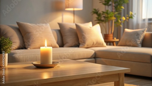 Wallpaper Mural A lit candle rests on a wooden coffee table in a softly lit living room, exuding warmth and tranquility amidst plush beige cushions and verdant houseplants. Torontodigital.ca