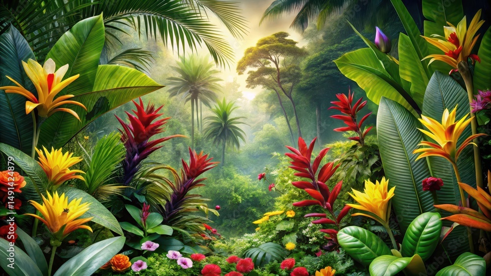 Lush Tropical Paradise Vibrant Blooms and Verdant Foliage Flourish in a Sun-Drenched Jungle Setting Lush Tropical Paradise Vibrant Blooms and Verdant Foliage Flourish in a Sun-Drenched Jungle Setting