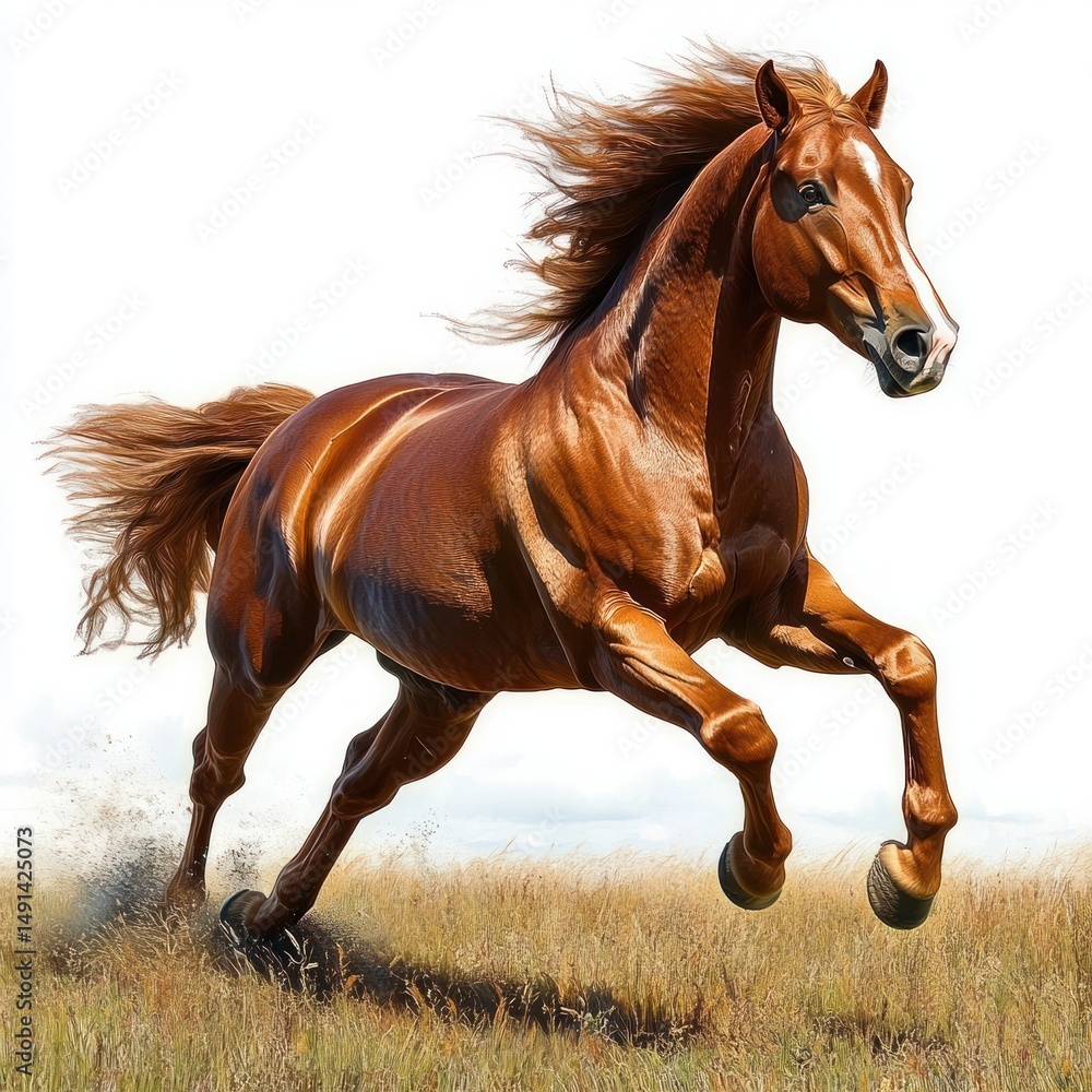 Obraz premium Powerful chestnut horse running energetically through a grassy field with mane flowing and muscles visible under bright sunlight