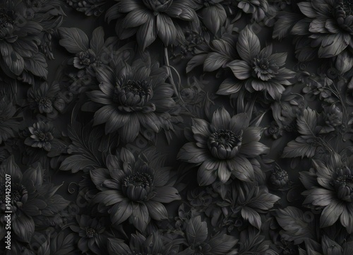 Intricate black charcoal floral wallpaper, luxurious texture , black, brocade, modern