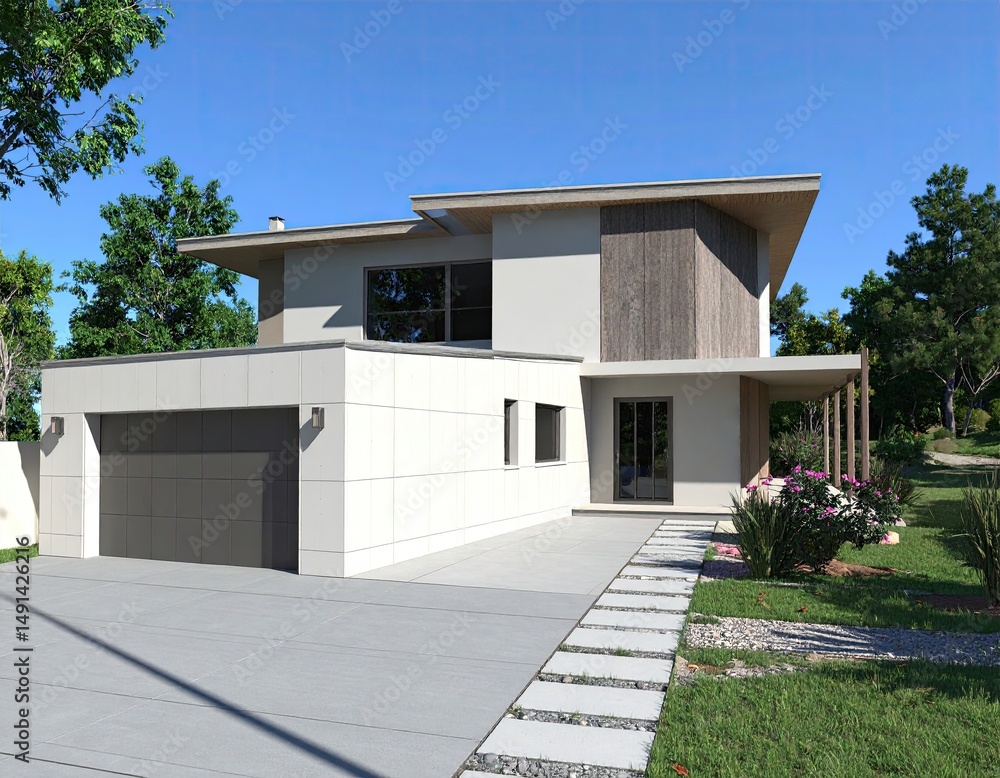 Fototapeta premium Modern Contemporary House Design Two-Story Home with Attached Garage