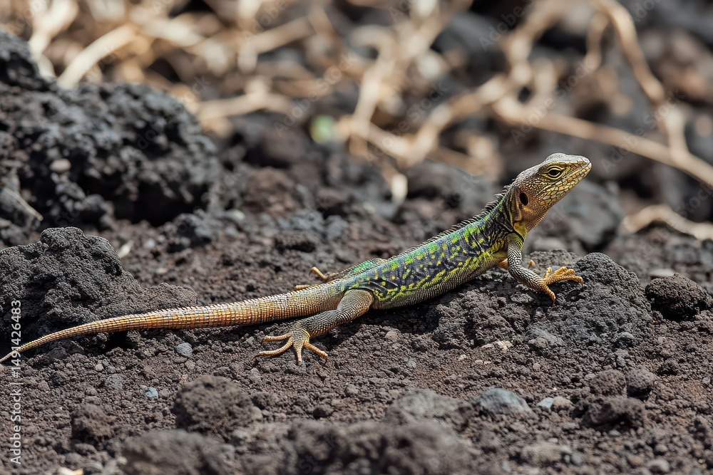 Fototapeta premium Lizard basking on volcanic soil