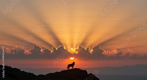 Dog Silhouette on a Mountain Peak at Sunset