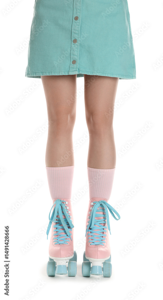 Woman in roller skates on white background, closeup Woman in roller skates on white background, closeup