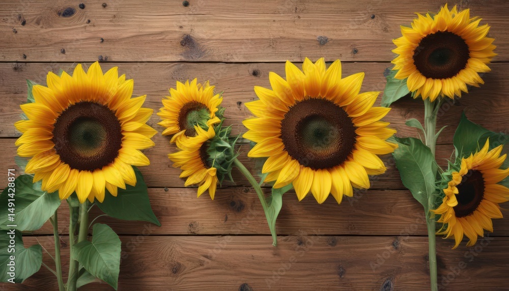 Obraz premium Vibrant sunflowers arranged on rustic wooden board, decoration, sunny