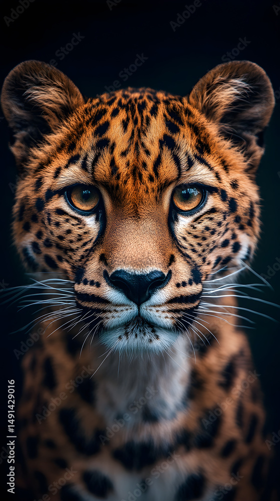 Naklejka premium Cheetah Portrait: Intense gaze of a cheetah, showcasing its stunning spotted coat and captivating eyes.