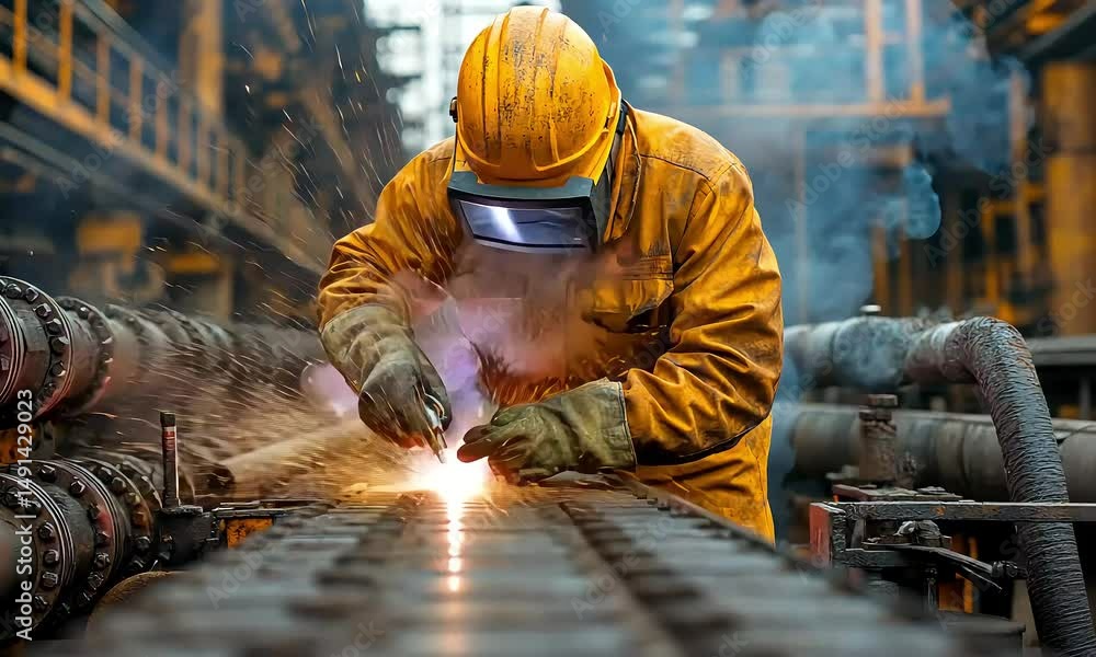 Welder working on metal pipe in industrial setting Welder working on metal pipe in industrial setting