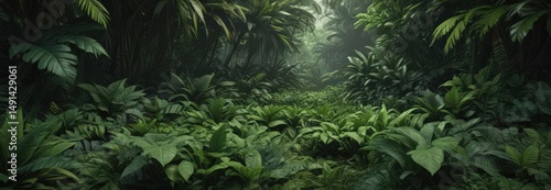 Lush, vibrant green tropical leaves form a dense carpet on the forest floor ,  ecosystem,  background