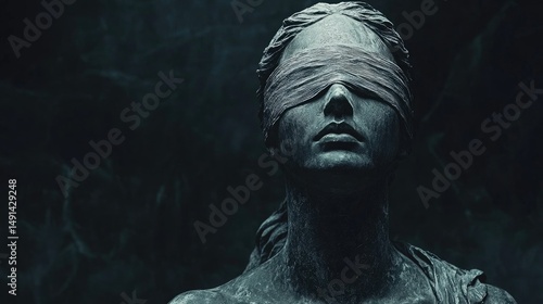 Close-up of a blindfolded statue representing impartial justice, with a dark, dramatic background