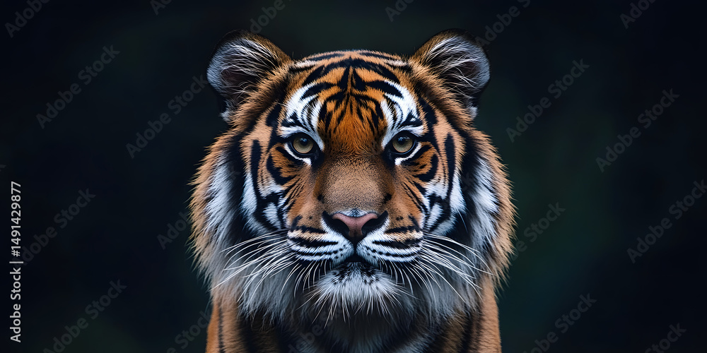 Fototapeta premium Tiger's Gaze: A majestic tiger stares intently with its powerful eyes, a sense of mystery and dominance emanates from this awe-inspiring predator.