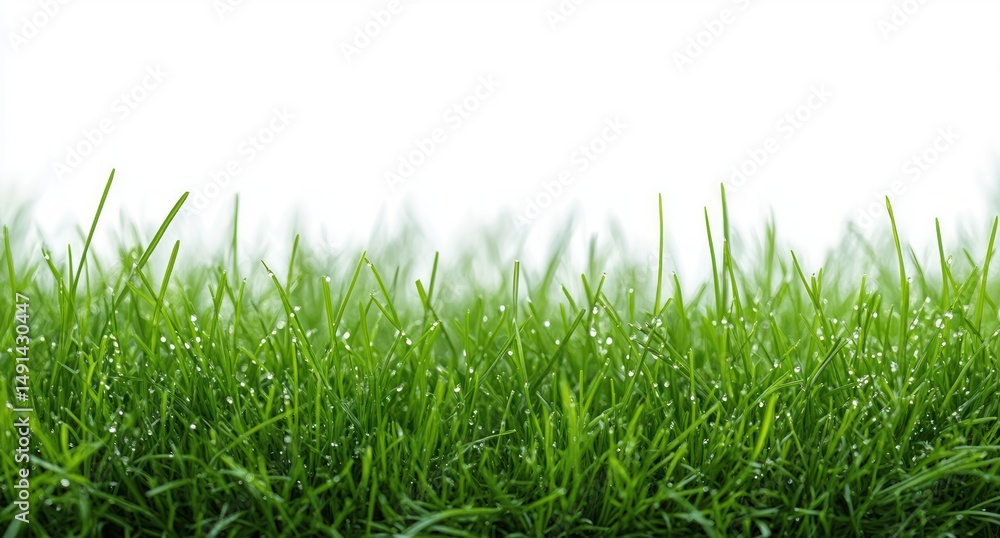 Obraz premium Close-up of fresh green grass blades with morning dew drops sparkling in natural light against a bright white background