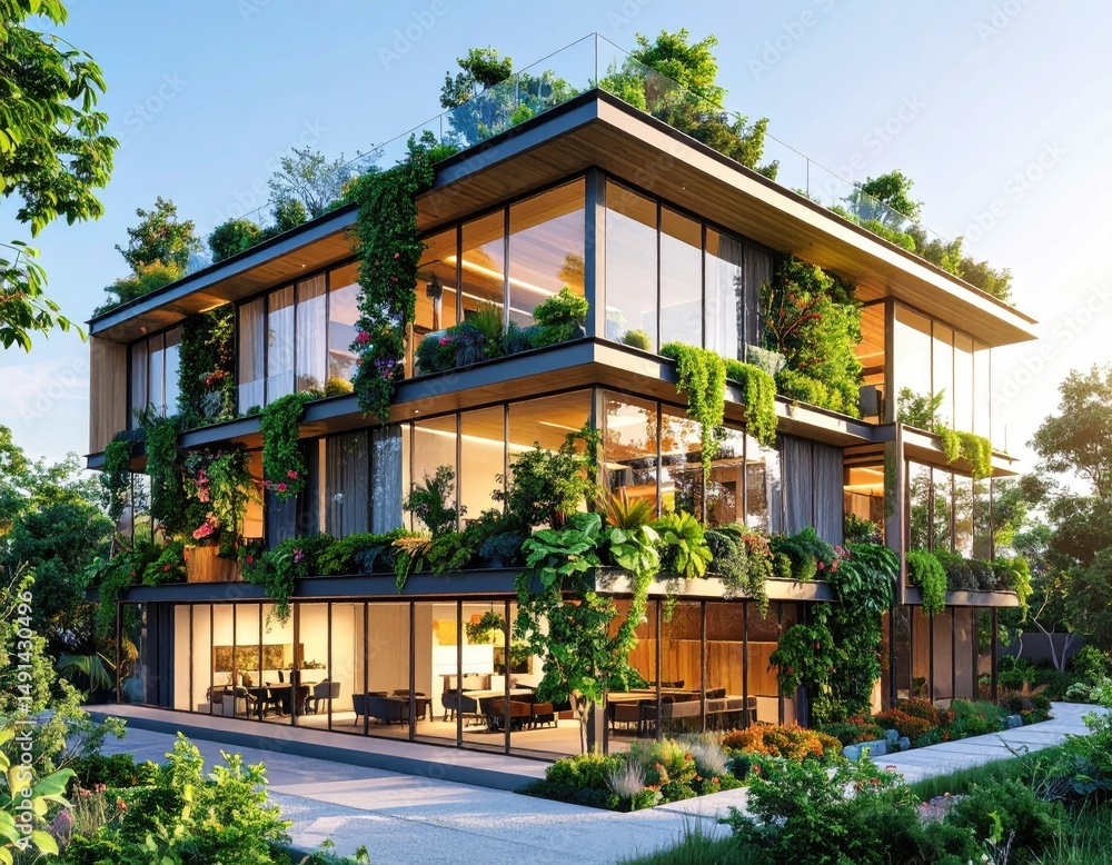 Green Oasis Office Modern building facade with vibrant plant life. Green Oasis Office Modern building facade with vibrant plant life.