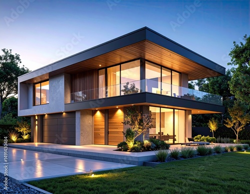 Modern Box House at Dusk Luxury Living with Glass Facade.