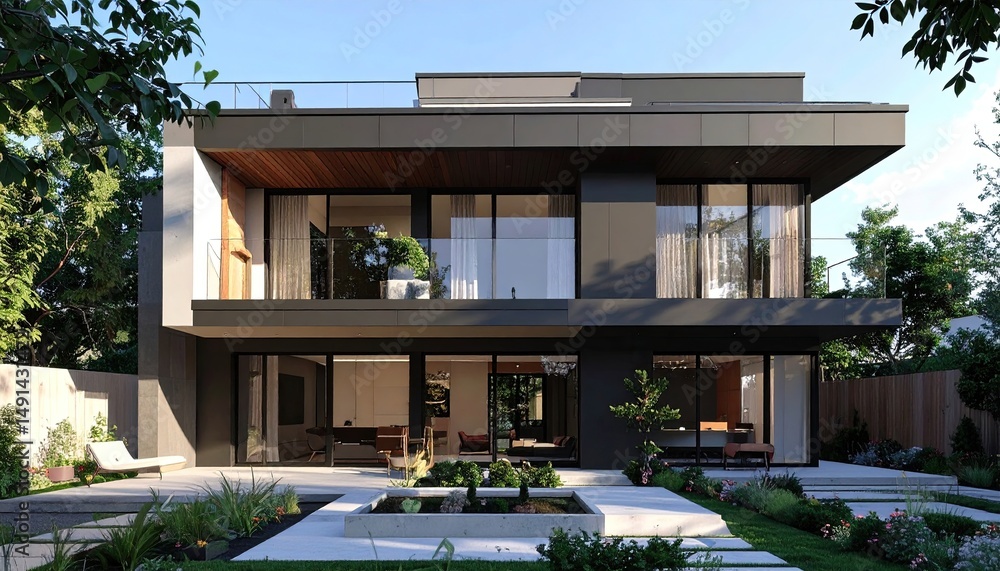 Fototapeta premium Modern Home Serene Backyard Oasis with Contemporary Design.