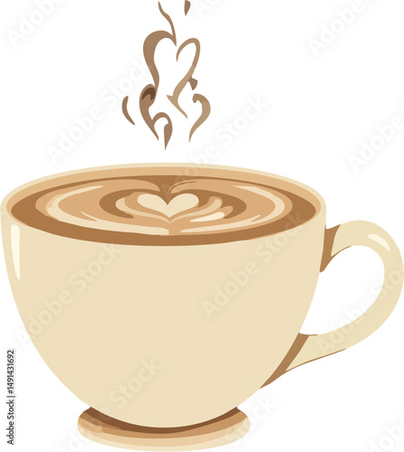 Romantic Coffee Cup with Heart-Shaped Latte Art and Steam – Vector Illustration