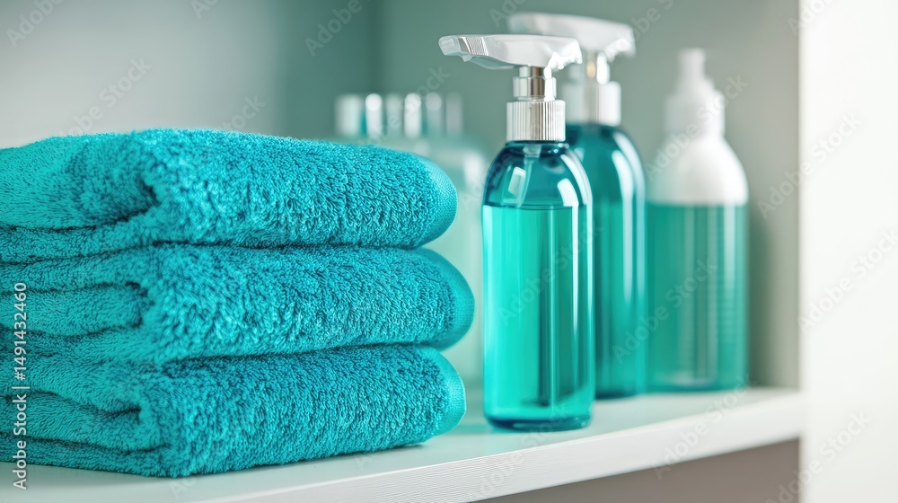 Green-labeled disinfectant spray bottle placed beside fresh towels on shelf Green-labeled disinfectant spray bottle placed beside fresh towels on shelf