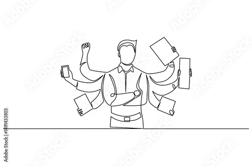Continuous one line drawing of Businessman with multitasking. Single line drawing illustration of Businessman work with many hands. Management skill concept vector art. Doodle line illustration.