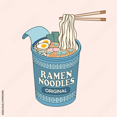 Cute ramen noodles cup illustration with chopsticks and toppings in pastel color palette