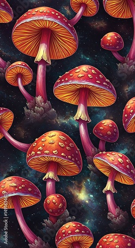 Cosmic Fungi: Red & Orange Psychedelic Mushroom Art