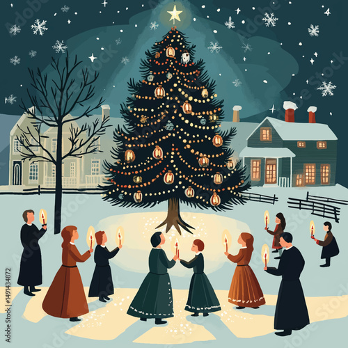 Community Carolers Singing Around Christmas Tree, Neighborhood Caroling Group