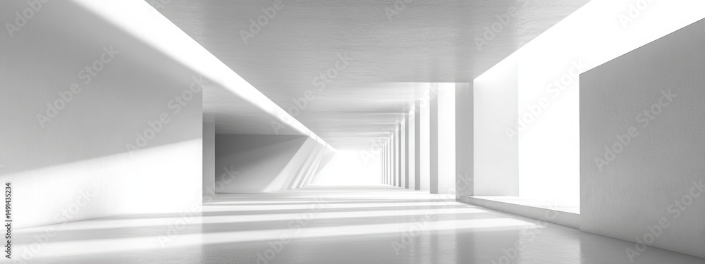 Obraz premium Minimalist white corridor with strong geometric shapes and bright natural light casting sharp shadows, creating a serene and futuristic atmosphere