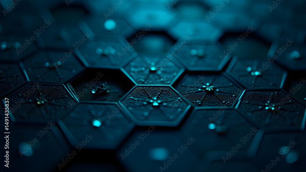 Hexagonal circuit cells with internal stars, graphene-inspired nano-wires, glowing quantum dots on ceramic, quantum tech motif. Hexagonal circuit cells with internal stars, graphene-inspired nano-wires, glowing quantum dots on ceramic, quantum tech motif.
