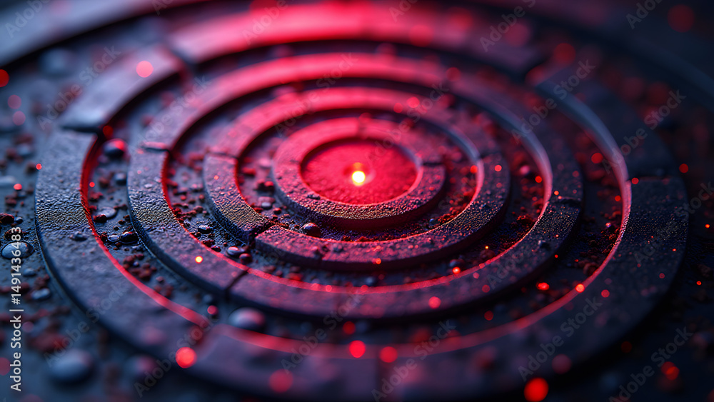 RF circuit with spiraling traces, concentric silver rings, interference patterns, fiberglass base, transmission wave effects. RF circuit with spiraling traces, concentric silver rings, interference patterns, fiberglass base, transmission wave effects.