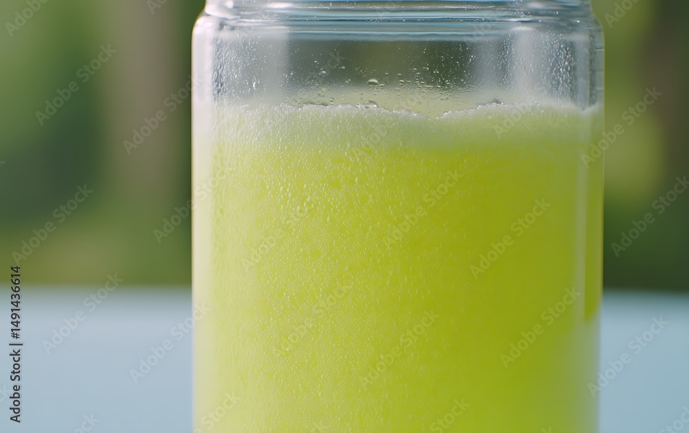 Refreshing Green Juice in Glass Jar Healthy Beverage on Blue Table with Blurred Background. Refreshing Green Juice in Glass Jar Healthy Beverage on Blue Table with Blurred Background.
