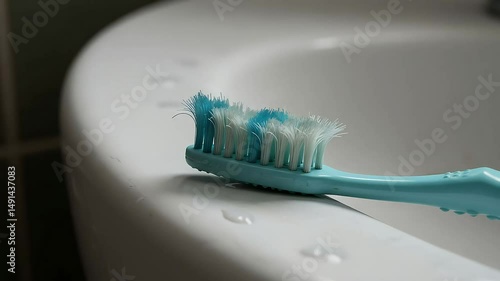 Close up Of A Damaged Toothbrush On A White Bathroom Sink