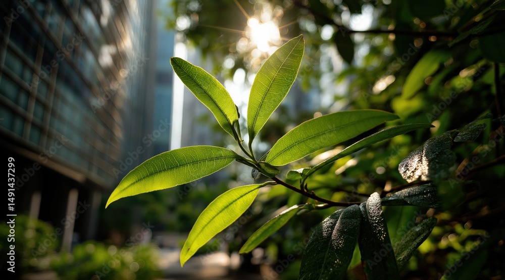 Fototapeta premium Green leaves growing near modern office building in city center