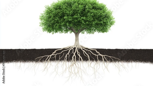 Lush green tree with extensive root system against a white background.