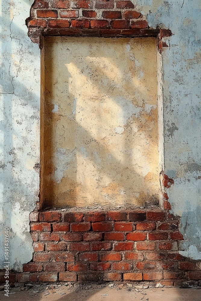 Naklejka premium Old weathered brick wall with a rectangular recessed area covered in cracked peeling plaster casting soft shadows