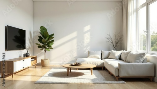 Bright, airy minimalist living room with simple furniture and natural light Neutral colors, clean lines, and empty space , contemporary, interior