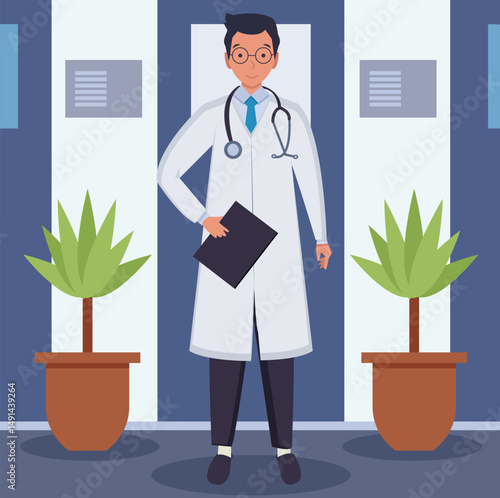 Vector image of a doctor in a hospital. A kind man character in a white medical coat, a simple children's picture in the style of a flat.

