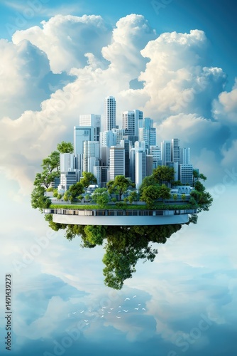 A city is floating in the sky with trees and buildings