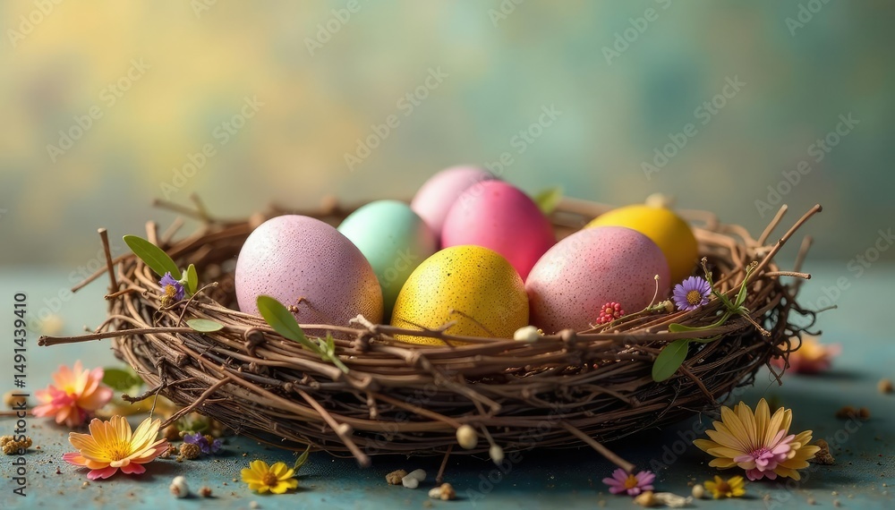 Fototapeta premium Hidden Easter eggs in a decorated nest, symbolizing religious celebration , eggs, symbol