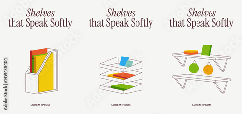Modern shelf design illustrations with minimal shapes and soft colors, combining function and art for stylish interiors, furniture concepts, and contemporary home decoration themes.